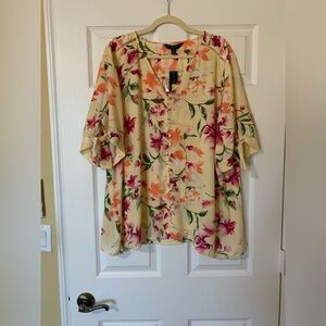 NWT Investments Floral‎ Yellow Multicolor Button Front Blouse Plus Size 3X
